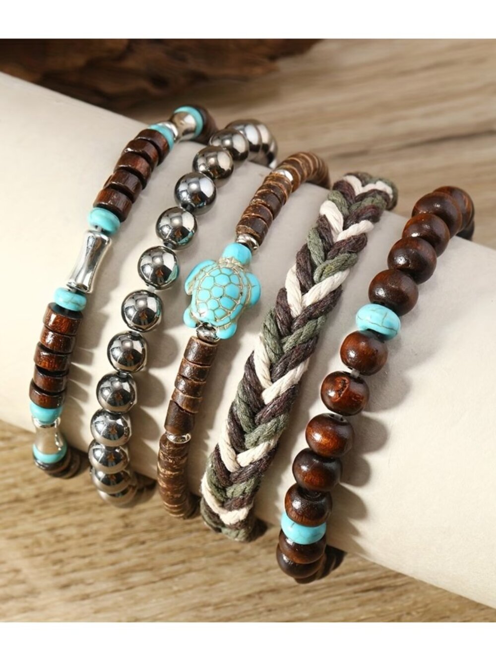 Bohemian Style Bracelets Turtle Turquoise Wood Beads Handwoven Artisan Bangle